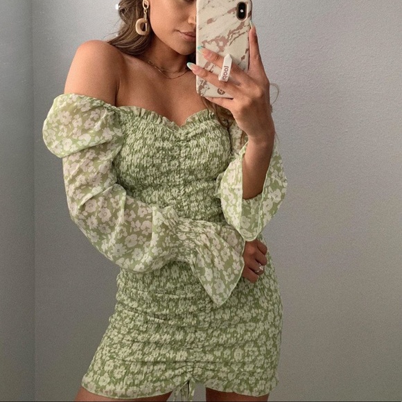 REVOLVE Dresses & Skirts - Green Floral OTS Smocked Mini Dress